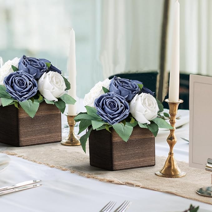 Dining Table Centerpiece Set of 6 - Pre-Made Aritifial Rose with Wooden Vase Fake Floral Arrangment Faux Flower for Wedding Bridal Tea Party Event Decorations - Navy Blue & White