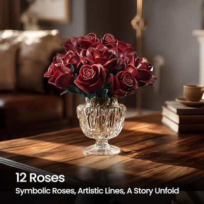iATOM Burgundy Red Rose Bouquet Building Set, Artificial Flowers Botanical Collection Kit for Adults Women, Gift for Christmas and Valentines Day - Gothic Home Office Table Centerpiece Decor - IA11016