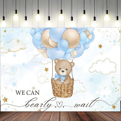 9x6ft Baby Shower Backdrop Bear Hot Air Balloon Photography Background Blue Brown Balloons White Cloud Glitter Gold Stars Birthday Party Banner Decorations Newborn Parties Photo Booth Prop