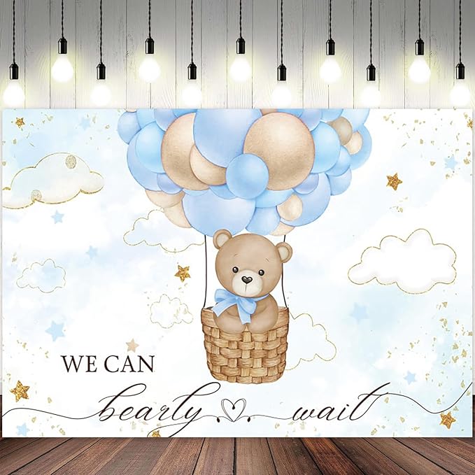 15x10ft Baby Shower Backdrop Bear Hot Air Balloon Photography Background Blue Brown Balloons White Cloud Glitter Gold Stars Birthday Party Banner Decorations Newborn Parties Photo Booth Prop