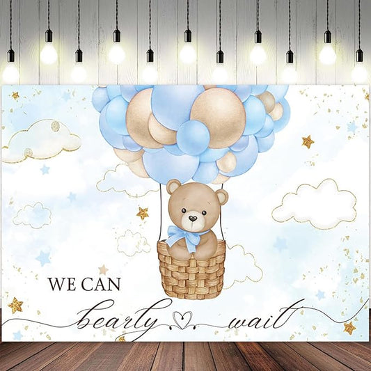 15x8ft Baby Shower Backdrop Bear Hot Air Balloon Photography Background Blue Brown Balloons White Cloud Glitter Gold Stars Birthday Party Banner Decorations Newborn Parties Photo Booth Prop