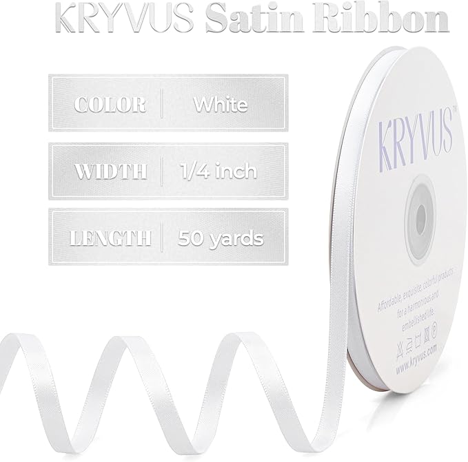 White Satin Ribbon, Double Faced 1/4 Inch X 50 Yards White Ribbon, Premium Satin Ribbon for Gift Wrapping, Crafts, Hair Bow Making, Sewing, Flower Bouquet, Wedding Party Decor