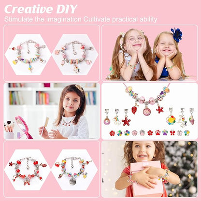 YJK Charm Bracelet Making Kit, 5-12 Year Old Girl Birthday Gifts, 133 Pcs DIY Beaded Jewelry Making Kit with Jewelry Box, Creative Crafts for Girls, Charm Necklace Making kit for Girls (Red & Pink)