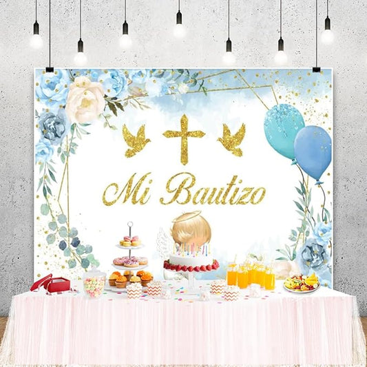 ChloropLastid Mi Bautizo Photography Backdrop 10x8ft Boho First Holy Communion Christening Background for Boy Blue Floral Bless Newborn Baby Shower Photo Booth Props