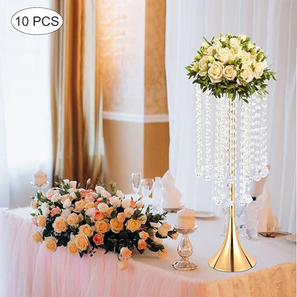 Crystal Chain Flower Vases, 10 Pcs Acrylic Vase Stands with Hand Strung Beads Top Flower Plate Enlarged Trumpet-Shaped Base and Easy Assemble Tabletop Wedding Crystal Flower Stands for Home Decoration