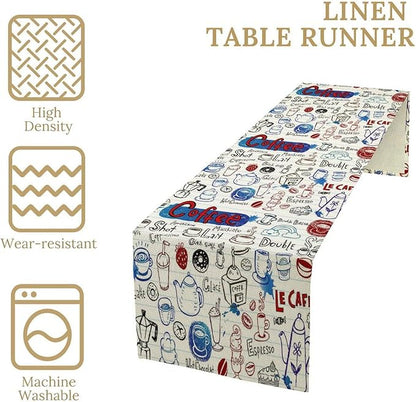 Coffee Theme Table Runner Coffee Time Retro Farmhouse Dinner Runner for Kitchen Dining Coffee Table Decoration Cabin Home Holiday Party 13x70in
