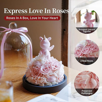 SEEROSE Preserved Rose with Unicorn in Glass Dome, Eternal Real Rose Romantic Gift for Her, Women, Mom, Wife, Girlfriend, Valentine’s Day, Mother’s Day, Christmas, Birthday (Lucky Unicorn, Pink)