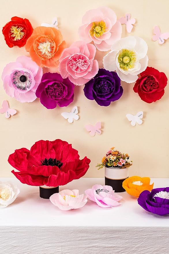Crepe Paper Flowers Decoration for Wall, Artificial Flowers for Wedding Decor,Flower Backdrop Decor,Baby Shower,Birthday Party,Photo Backdrop,Archway Decor, Nursery Wall Decor (Red&Beige;Set/6)