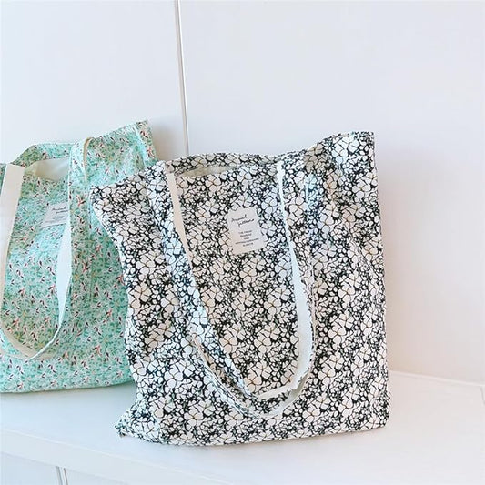 Cotton Canvas Tote Bag Reusable Soft Grocery Cloth Bag Floral Shoulder Bag for Beach Travel Shopping