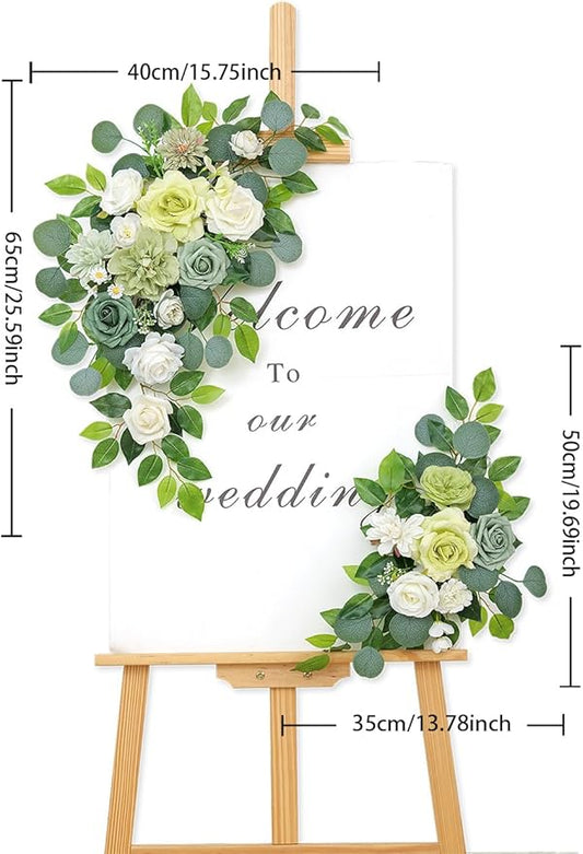 Pack of 2 Artificial Flowers for Backdrop Decoration, Wedding Arch Flowers,Reception Welcome Sign, Eucalyptus Garland, Suited to Aisle Decor and Wedding Arches（White Green）