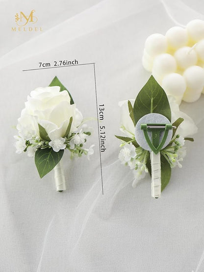 Meldel White Boutonniere for Men Wedding,Set of 6,Groomsmen Groom and Best Man Boutonniere for Wedding Prom, Rose Boutonniere for Men Wedding Ceremony Anniversary Party Homecoming