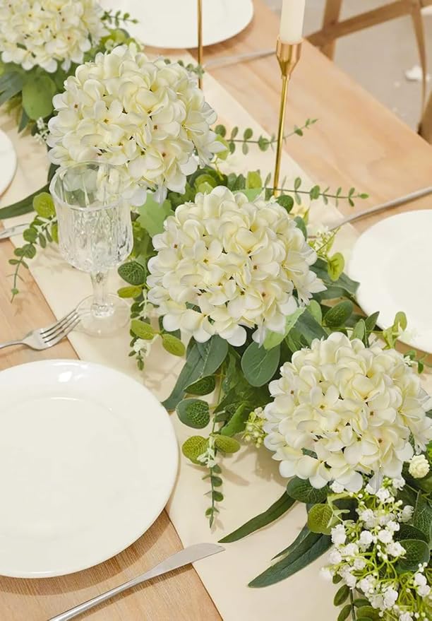 Hollyone White Silk Hydrangea Artificial Flowers Heads 7.4inch Large Fake Hydrangea 4Pcs Full Faux Flowers with Stems for Wedding Party Table Centerpieces Flower Arrangement Home Decor