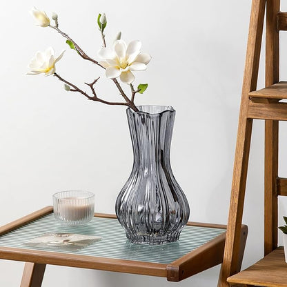 8" Decorative Modern Flower Vase with Twine Rope for Floral Arrangements, Wide Mouth Large Clear Glass Vase for Bouquet(Transparent) (Grey, 01)