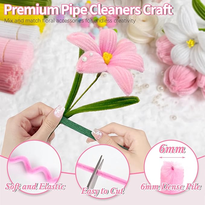 Erosign 500 Pcs All-in-One Pipe Cleaner Flower Making Kit - Complete DIY Craft Set for Kids & Adults | Includes Chenille Stems, Wires, Tape, Stamens, Ribbon, Beads, Pom Poms, Paper, Glue | (Pink)
