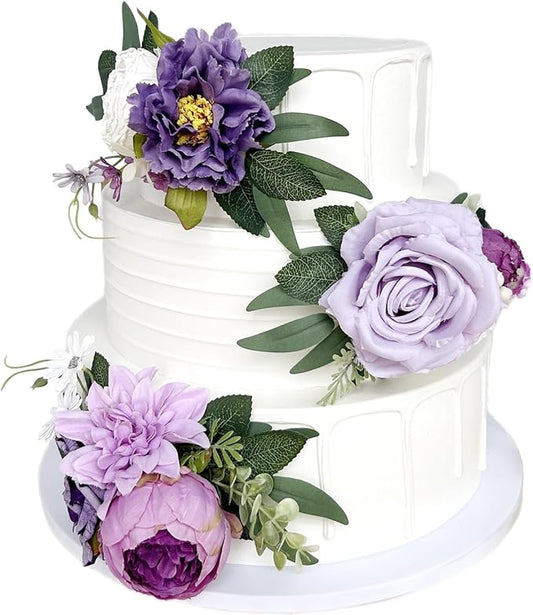 Pre-Made Silk Flowers for Cakes Decorations Light Lavender Dusty Purple Artificial Rose Peony Wedding Cake Toppers Decorating Fake Floral Anniversary Birthday Party Arrangements Table