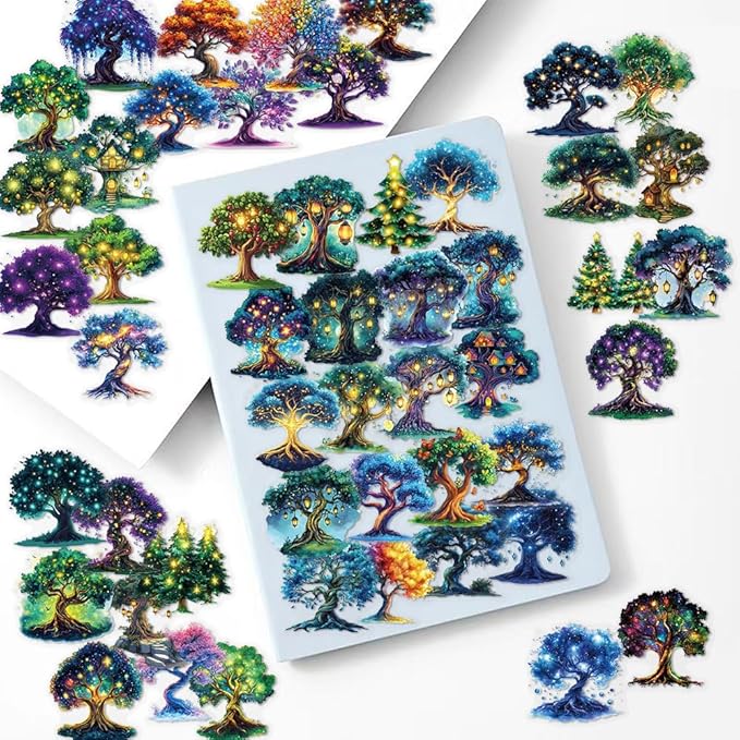 50 Pcs Magic Tree Stickers, Transparent PET Waterproof Decals, Cartoon Aesthetic Stickers for Water Bottles, Laptops, Scrapbooks, Journals, Planners - DIY Craft Supplies Gift