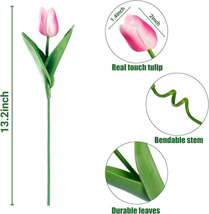 Sggvecsy 15 Pcs Fake Tulips Artificial Flowers Real Touch PU Faux Flowers Tulip Stems for Wedding Spring Bouquet Floral Arrangement Home Party Office Decorations for Mother's Day (Rose Pink)