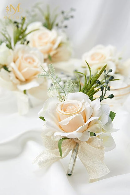 Meldel Champagne Boutonniere for Men - Set of 6, Rose Groomsmen Boutonniere for Wedding, Prom, Homecoming, Party, Vintage Occasions
