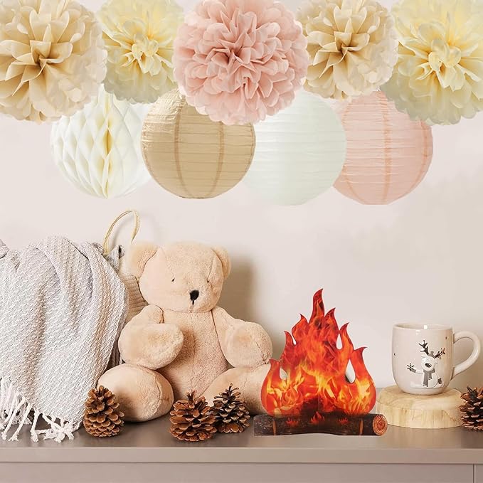 Champagne Beige Paper Flowers Tissue Pom Poms Honeycomb Lanterns 15pcs Party Decorations for Boho Fall Rustic Birthday Baby Shower Neutral Autumn Wedding Bridal Hanging Decor Mprocherify