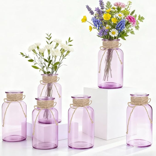 Vintage Glass Flower Vase，6 Pack Farmhouse Purple Glass Centerpiece Vases Mason Jars for Weddings, Parties & Home Decor Bulk (6, Purple)