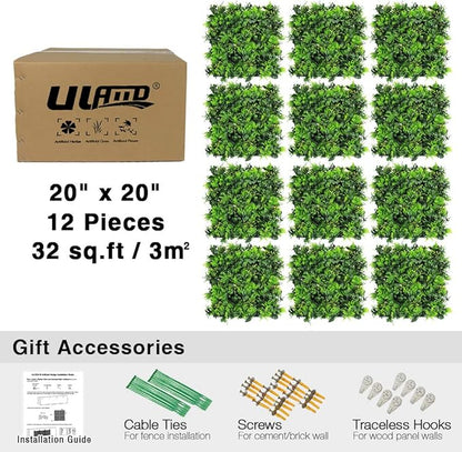 ULAND Artificial Topiary Hedges Panels, Plastic Faux Shrubs Fence Mat, Greenery Wall Backdrop Decor, Garden Privacy Screen Fence, Pack of 12pcs 20"x20"