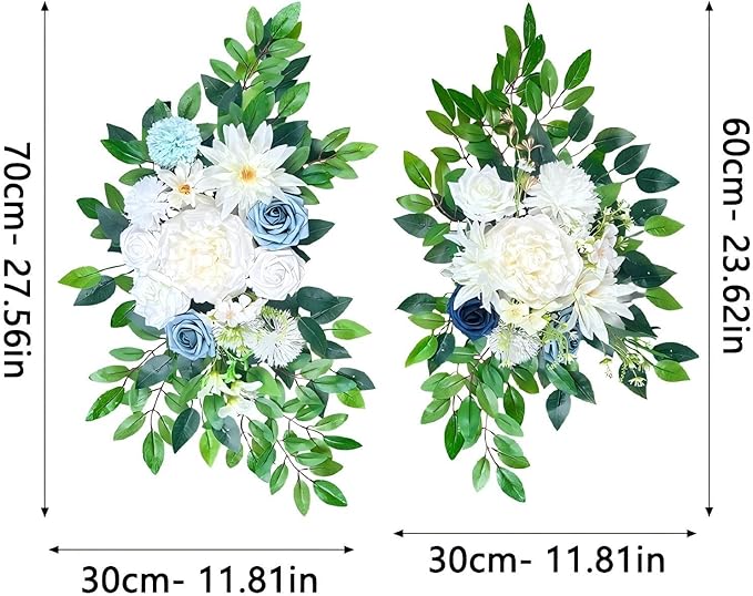 Artificial Wedding Arch Flowers (Pack of 2), White Wedding Flowers for Wedding Welcome Ceremony Sign, Faux Floral Swags, Banquet and Reception Backdrop Floral Decoration (White & Blue)