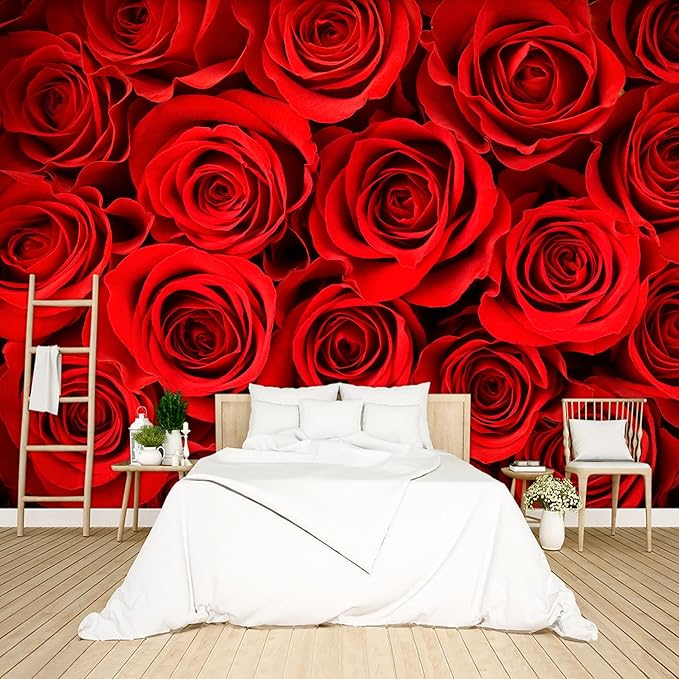 red Rose Floral Wallpaper Bedroom Botanical Flowers murals Aesthetic Room Decor Living Room tv Background Large Wall Mural - 137"x96" Not Peel and Stick