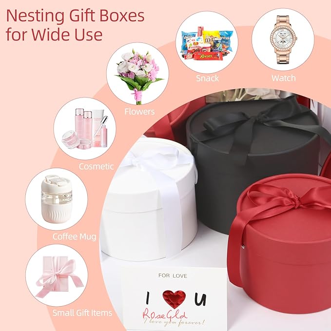 ROSEGLD Round Gift Boxes with Lids Set of 4, Luxury Gift Boxes with Ribbons Assorted Sizes, Nesting Gifts Boxes for Flowers Arrangements, Bridesmaid, Proposal, Wedding, Birthday, Party (Matte White)