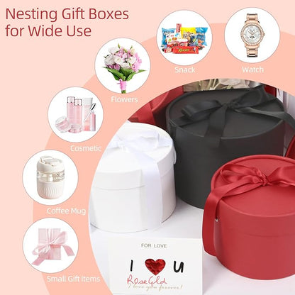 ROSEGLD Round Gift Boxes with Lids Set of 4, Luxury Gift Boxes with Ribbons Assorted Sizes, Nesting Gifts Boxes for Flowers Arrangements, Bridesmaid, Proposal, Wedding, Birthday, Party (Matte Black)
