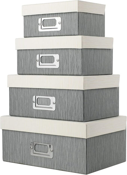 Briful Photo Boxes with Lids - 4 in 1 Set Waterproof Storage Boxes with Handles for Clothes, Shoes, Office, Cosmetic, Books