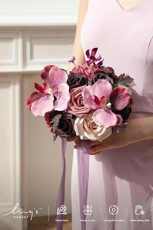 Ling's moment Purple Bridesmaid Bouquet Set of 4, Deep Plum Wedding Bouquets for Bridesmaids, 7 Inch Bridal Bouquets for Bridesmaids, Wedding, Ceremony, Anniversary, etc.
