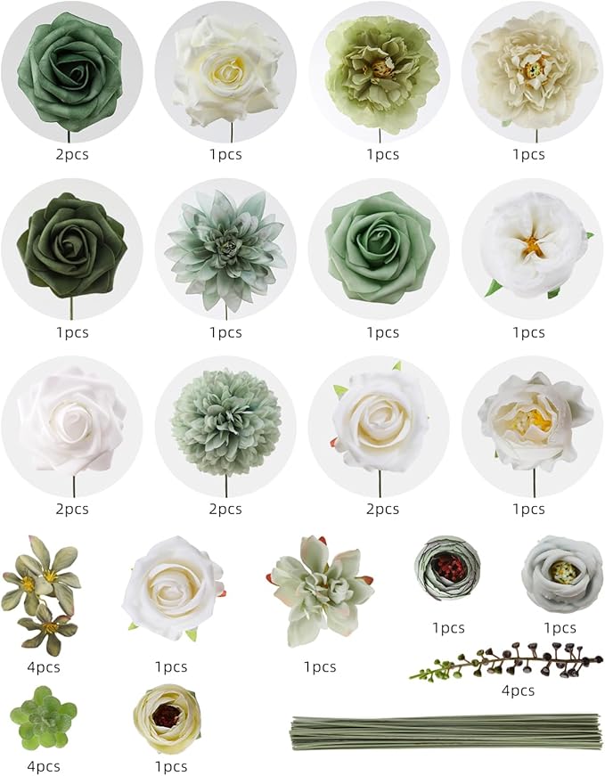 Artificial Flowers Combo, Mix Silk Flowers Roses, Peonies, Dahlias with Stems for DIY Wedding Bridal Bouquet, Baby Shower, Table Centerpieces, Home Decor, Fake Floral Arrangements-Forest Green