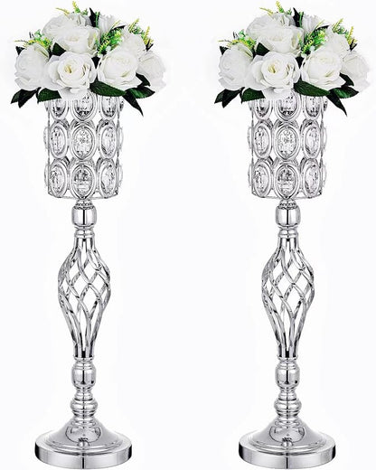 24in Metal Diamond Crystal Wedding Centerpiece Vases for Tables Set of 2, Silver Versatile Tall Flower Holders Centerpiece Flower Stands for Wedding Party Reception Home Décor
