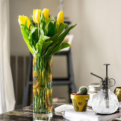 Flower Vase Clear Plastic Cylinder Vases Decor for Centerpieces Home Storage Office Weddings Green Striped Sunflowers and Honey Bees 11.8 x 3.9 in