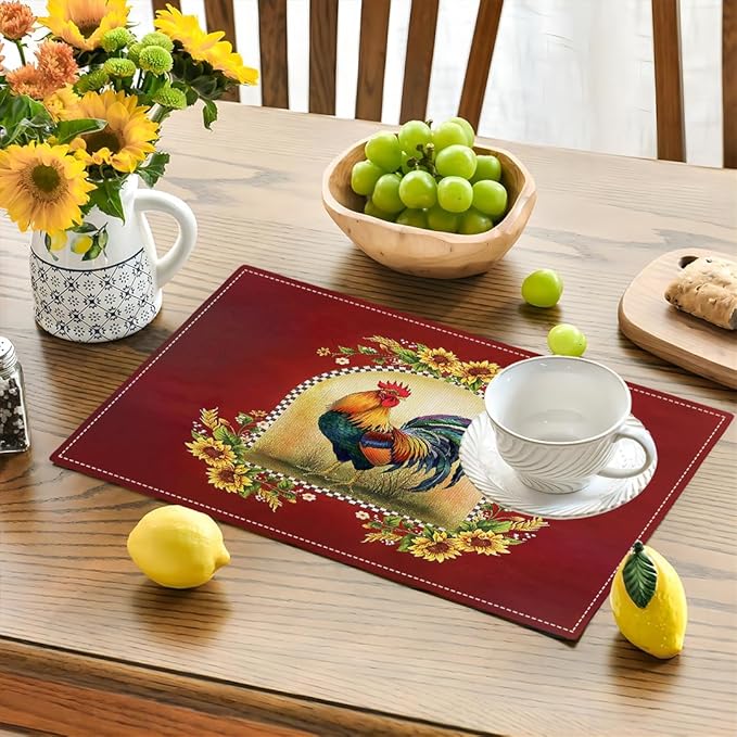 Rooster Sunflower Placemats Set of 4, Farmhouse Country Farm Chicken Animal Red Double-Sided Table Mats for Kitchen Dining Room Home Party Indoor Decor 4 PCS 12x18 Inch