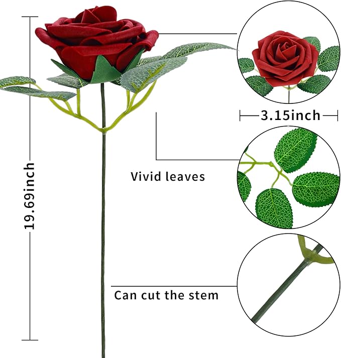 [25PCS] Deep Red Roses Artificial Flowers with Long Stem Real Touch Fake Foam Roses for Decoration DIY Wedding Bouquets Centerpieces Bridal Shower Flower Arrangements Home Decor