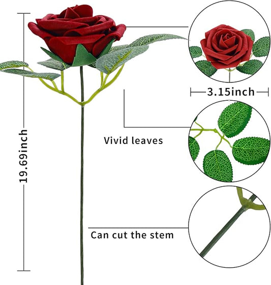 [25PCS] Deep Red Roses Artificial Flowers with Long Stem Real Touch Fake Foam Roses for Decoration DIY Wedding Bouquets Centerpieces Bridal Shower Flower Arrangements Home Decor