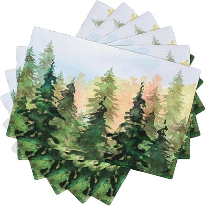 Green Forest Placemats Set of 6,Watercolor Tree Spring and Summer Kitchen Living Room Table Decor Dinner Mat 12x18 Inch 6 PCS, Style-8