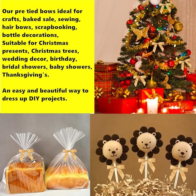 50 Pieces 3 inch Satin Ribbon Twist Tie Bows, Gold Pretied Bows with Twist Ties, Twist Bows Treats Bags, Bow Ties for Treats, Cake Pops, Baby Shower, Crafts, Gift Wrapping Favors, Cookies