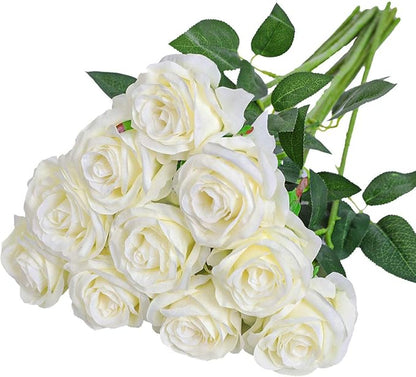 Nubry Artificial Silk Rose Flower Bouquet Lifelike White Fake Rose for Wedding Home Party Decoration Event Gift 10pcs (Off White)