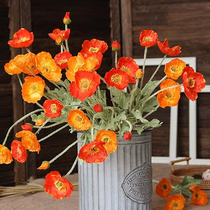2 Pcs Artificial Fake Flowers Plants Poppies Silk Flower Arrangements Wedding Bouquets Decorations Plastic Floral Table Centerpieces for Home Kitchen Garden Party Decor Approx 23.6" High - Dark Orange