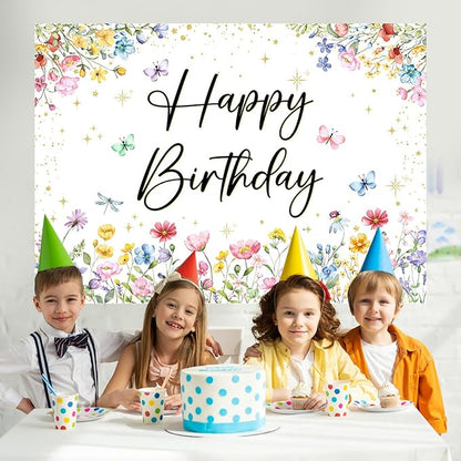 Mocsicka Wildflower Birthday Backdrop Girls Floral Wildflower Birthday Decorations Spring Garden Butterfly Flower First Birthday Banner Background Decorations (7x5ft (82x60 inch))