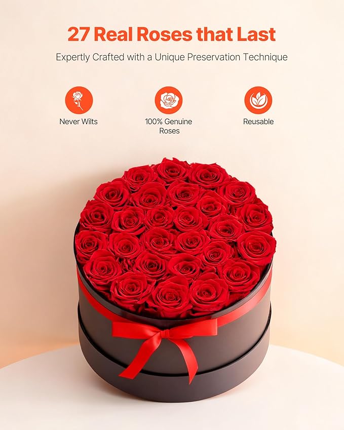 VEVOR Forever Flowers, 27 Preserved Roses in a Box, Eternal Flowers Immortal Bouquet Birthday Present for Delivery Prime Women Her Wife Mothers, Anniversary, Valentine's Day,Christmas, Red