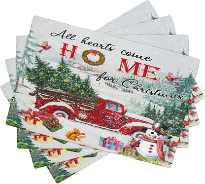 Merry Christmas Placemats Buffalo Plaid Red Truck with Christmas Tree, Winter Snowy Snowflake Snowman Placemats Table Kitchen Dining Party 12x18 Inch Set of 4