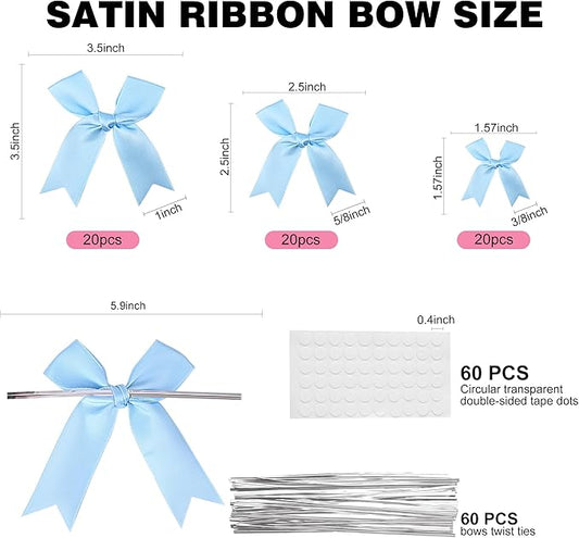 Oubest Blue Bows for Gift Wrapping, 60 PCS 1.57", 2.5" & 3.5" Satin Ribbon Gift Wrap Bows with Twist Tie for Christmas,Birthdays,Baby Shower,Weddings,Crafts,Holiday Presents,Party Decorations, Blue