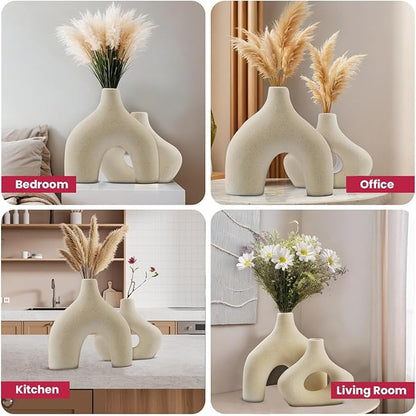 Donut Vase Set of 2, Cream Ceramic Vase for Home Decor, Minimalist Boho Vases for Pampas Grass, Modern Nordic Centerpieces for Living Room, Console Table, and Spring Decor