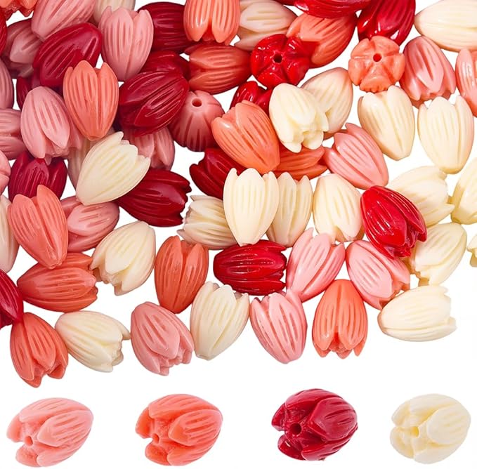 100Pcs 4 Colors Coral Flower Beads Floral Jewelry Beads Colorful 3D Carved Jasmine Dyed Synthetic Coral Aesthetic Small Loose Smooth Spacers for Jewelry Making Necklaces Bracelets DIY Crafts