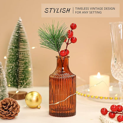 Glass Bud Vase Set of 5, Amber Small Flower Vases for Centerpieces in Bulk, Mini Vintage Vase for Rustic Wedding, Home,Table Decoration