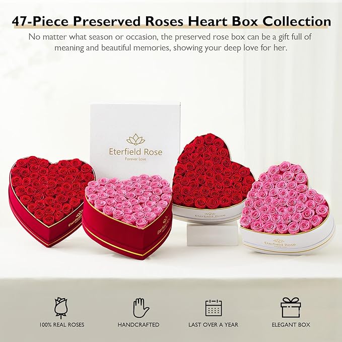 Eterfield 47 Forever Flowers in Heart Shape Box, Preserved Roses That Last a Year Preserved Flowers Birthday Gifts for Her Mom Women Wife Anniversary Valentines Day Mothers Day Christmas, Red