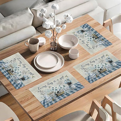 Farmhouse Spring Flower Placemats Set of 4 Every Day is A Gift Rustic Floral Double-Sided Table Mats for Dining Room Home Party Indoor 4 PCS 12x18 Inch